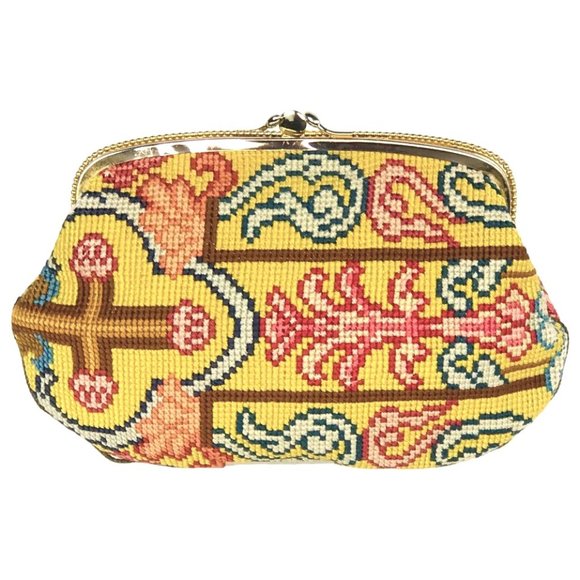 Handbags - Vintage 1920s-1930s French Tapestry Leather Clutch Bag Purse 9" x 6"